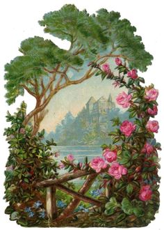 a painting of pink flowers and trees in front of a building with a castle on it