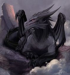 a large black dragon sitting on top of a rock in the sky with red eyes