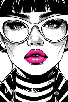 a drawing of a woman with glasses on her face and pink lipstick in front of her eyes