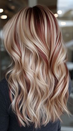 Red Copper Hair Color Ideas Blonde And Burgundy Highlights, Blonde Hair With Burgundy Highlights, Copper Highlights, Bouncy Hair