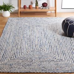 a blue and white area rug on the floor with a plant in the corner next to it