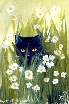 a painting of a black cat hiding in some daisies