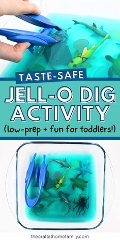 a kid's hand holding scissors over a bowl filled with jelly - o - dig activity