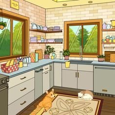 a cartoon cat laying on the floor in a kitchen