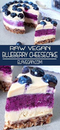 raw vegan blueberry cheesecake is cut in half and ready to be eaten