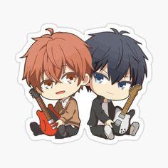 two anime characters sitting next to each other with guitars in their hands and one holding an electric guitar