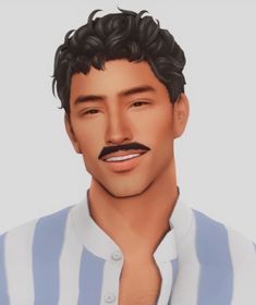 an animated image of a man with a moustache on his face, wearing a blue and white striped shirt