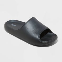 Move through casual days in cool style in these Joshua Slide Sandals from Goodfellow & Co™. These medium-width slide sandals feature a classic D-toe design with an open heel for a breezy fit. A wide vamp band offers a secure fit, while a contoured footbed help keep your feet comfortable. Designed in a solid hue, they make a great pairing with various tee or tanks with shorts or joggers for laid-back style. Goodfellow & Co™: Where style & fit are always in good company. Vamps Band, Leather Duffel Bag, Plastic Heels, Leather Duffel, In Good Company, Plastic Shoes, Open Toed Heels, Black 13, Laid Back Style