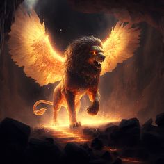 an illustration of a lion with wings on its back, walking through a dark cave