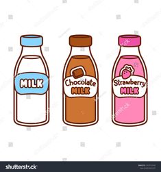 three bottles of milk with the words milk and chocolate