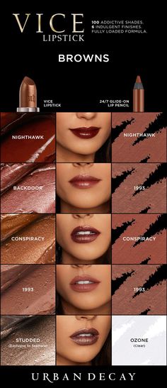 The pigment load in Vice Lipstick is insane! Just one swipe provides an unbelievable laydown of color. And every shade applies smoothly (without dragging or skipping), hugs lips, and feels amazing! Our proprietary Pigment Infusion System™ gives the formula its super-creamy texture, rich payout and superior color dispersion. Check these Brown shades now at urbandecay.com. #LipstickIsMyVice Urban Decay Backtalk Lipstick, Makeup Products Drugstore, Urban Decay Lipstick, Brown Lipstick, Lipstick Collection