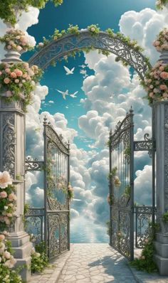 an open gate leading into a beautiful sky filled with white clouds and pink flowers on either side