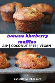 blueberry muffins with text that reads almond flour banana blueberry muffins gluten free vegan pale