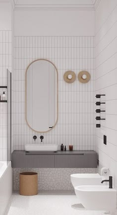 a bathroom with two sinks and a large mirror above the bathtub, along with toiletries