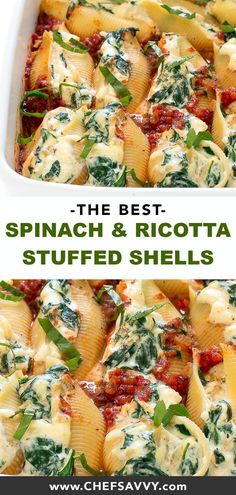 spinach and ricotta stuffed shells in a casserole dish with text overlay