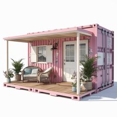 a pink shipping container with patio furniture and potted plants on the front porch area