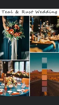 a collage of photos with orange, teal and rust wedding colors in the desert