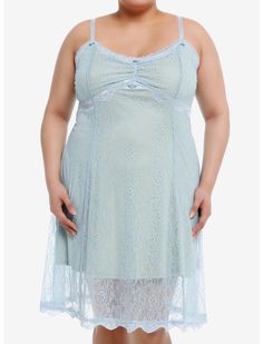 Thorn & Fable Baby Blue Rosette Lace Cami Dress Plus Size | Hot Topic Lace Cami Dress, Plus Size Hot, Lace Layers, Tall Hoodies, Plus Size Fits, Lace Cami, Sweaters And Jeans, Seafoam Green, Plus Dresses