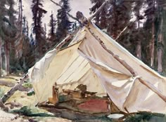 a painting of a teepee in the woods