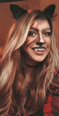 Scary Wolf Makeup, Werewolf Makeup Women, Womens Wolf Makeup, Cute Wolf Makeup Halloween, Diy Wolf Makeup For Women, Women Wolf Makeup, Women Werewolf Makeup, Female Wolf Makeup