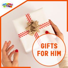 two hands with red fingernails holding a white present box and the words gifts for him