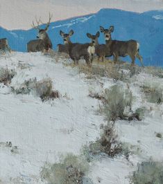 a painting of some deer in the snow