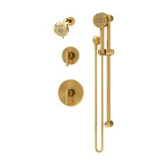 an image of a bathroom set with shower head and handset in polished brass finish