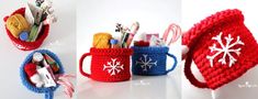 crocheted mug cozyies with snowflakes and candy canes in them