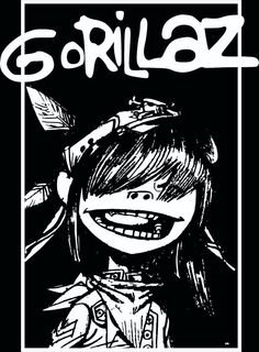 a black and white drawing of a smiling girl with the word gorillaz on it