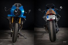 two pictures of a blue and brown motorcycle