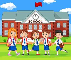 children are standing in front of the school building with their backpacks and books illustration