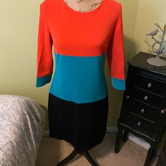 Adore Blocked Colored Dress. Coral, Navy Blue And Teal. Never Worn. Tag Fell Off In Wash. Recently Rewashed All Items Due To Covid Precautions. 3 1/4 Inch Sleeves, Cotton Green Summer Dresses, Graphic Print Dress, Coral Navy, Abstract Dress, Hot Pink Dresses, Boho Mini Dress, Block Dress, Black Velvet Dress, Long Sleeve Sweater Dress