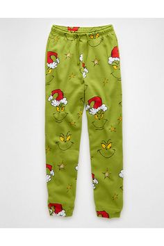 Soft cotton blend/Elasticized waist with drawstring/Elasticized hems/Allover Grinch pattern Grinch Pattern, Grinch Pajamas, Athletic Fit Jeans, Printed Sweatpants, Easy Costumes, Graphic Tee Dress, Relaxed Jeans, Loose Jeans, Costume Shop