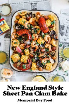 the new england style sheet pan clam bake is served with shrimp and corn