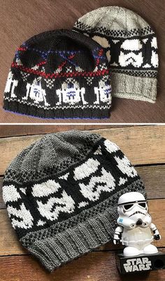 two knitted hats with star wars characters on them, one is black and the other is white