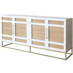 a white and gold sideboard with wicker doors on the bottom, one door open