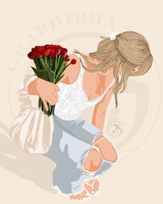 a woman kneeling down holding a bouquet of flowers