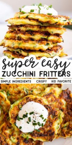 zucchini fritters stacked on top of each other and topped with sour cream