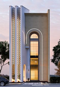 an architectural rendering of a modern building with arched windows and decorative iron work on the front