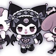 three cute little anime characters with black and white outfits