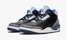 Seeming to combine the original "Bred" and "True Blue" colorways of the Air Jordan 3, this 2014 "Sport Blue" release combines the best of both worlds.  Featuring the same color block as the Breds, but with blue replacing the red accents.  For an added special touch, the outsole comes in translucent blue. Blue Jordans, Jordan Model, Jordan 3 Retro, Black Cement, Retro Sport, Popular Sneakers, Air Jordan 3 Retro, Stadium Goods, Air Jordan 3