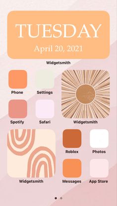 the color palettes for tuesday are peach, pink and brown with an orange sunburst