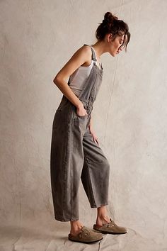 We The Free Good Luck Barrel Overalls | Free People Grey Dungarees Outfit, How To Style Baggy Overalls, Gray Overalls Outfit, Barrel Overalls Outfit, Women’s Overalls, Gardening Outfits For Women, Free People Inspired Outfits, Long Legs Outfit, Corduroy Overalls Outfit