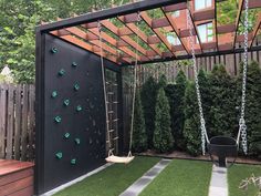 a backyard with a swing set and artificial grass