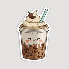 a sticker with a cup of coffee and ice cream in it, on a gray background