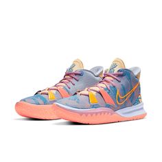 If you're looking for a sneaker that expresses your personality, the Nike Kyrie 7 Preheat 'Expressions' is the perfect shoe for you. The multicolor design on the upper resembles brushstrokes, while the tongue is finished in a neutral tan hue that mimics a black canvas. On the heel overlay, a Basquiat-like crown sits atop 'HF' embroidery, short for 'Happy Family.' The Kyrie 7 Preheat 'Expressions' is not only stylish but also comfortable, thanks to its open mesh upper and Nike Zoom Turbo cushioning. Crazy Sneakers, Jayson Tatum, Volleyball Shoes, Stadium Goods, Round Toe Heels