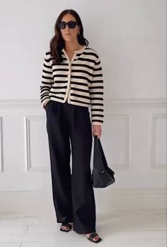 Airport Outfit Jeans Summer, Stripy Cardigan Outfit, White Stripe Cardigan Outfit, Stripped Cardigan Outfits, Black Striped Cardigan Outfit, Striped Cropped Cardigan Outfit, Striped Black And White Cardigan Outfit, Celine Striped Cardigan Outfit, Striped Jacket Outfit