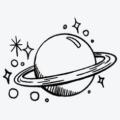 a black and white drawing of saturn with stars on it's side, in the background