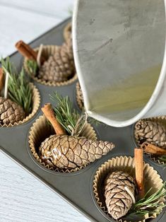 cupcake tins filled with pine cones, cinnamon sticks and an apple cider