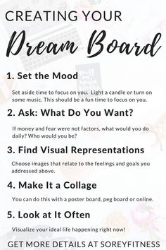 a white poster with the words creating your dream board written in black and white on it